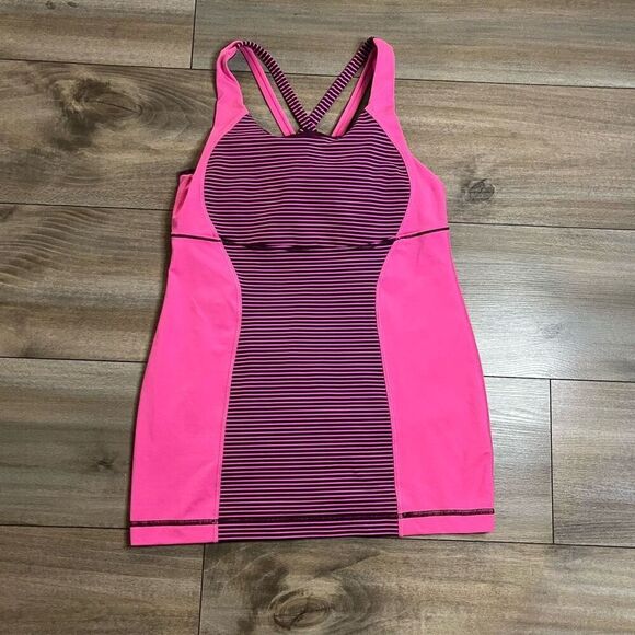 Lululemon Black & Pink Stripe Athletic Tank‎ Women Medium Bin E-47 - Picture 1 of 5
